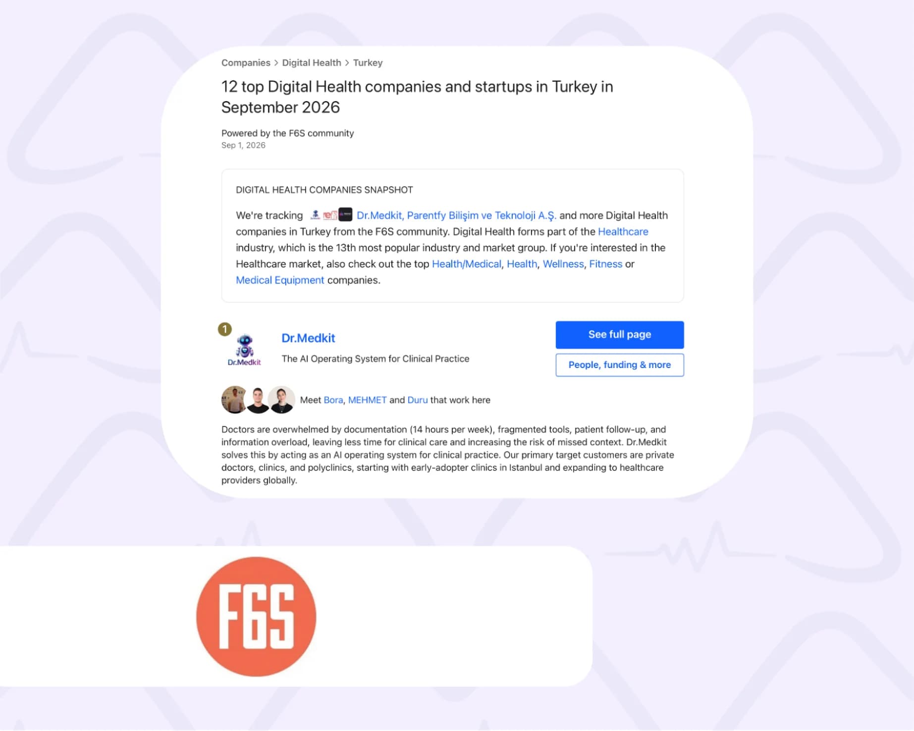 F6S September 2026 Turkey Digital Health list showing Dr.Medkit