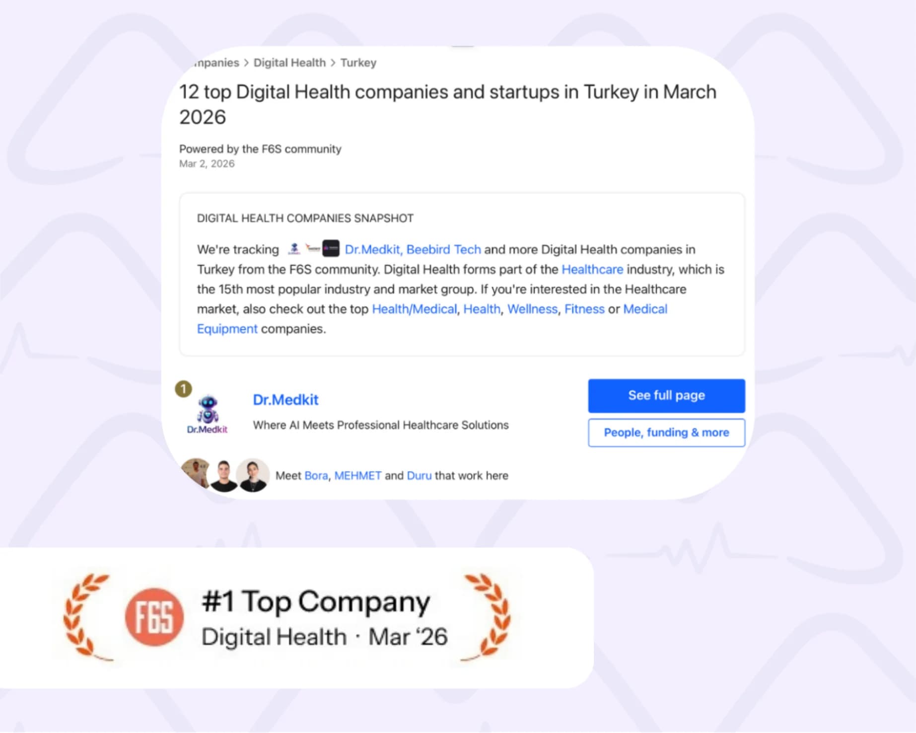 F6S March 2026 Turkey Digital Health list showing Dr.Medkit