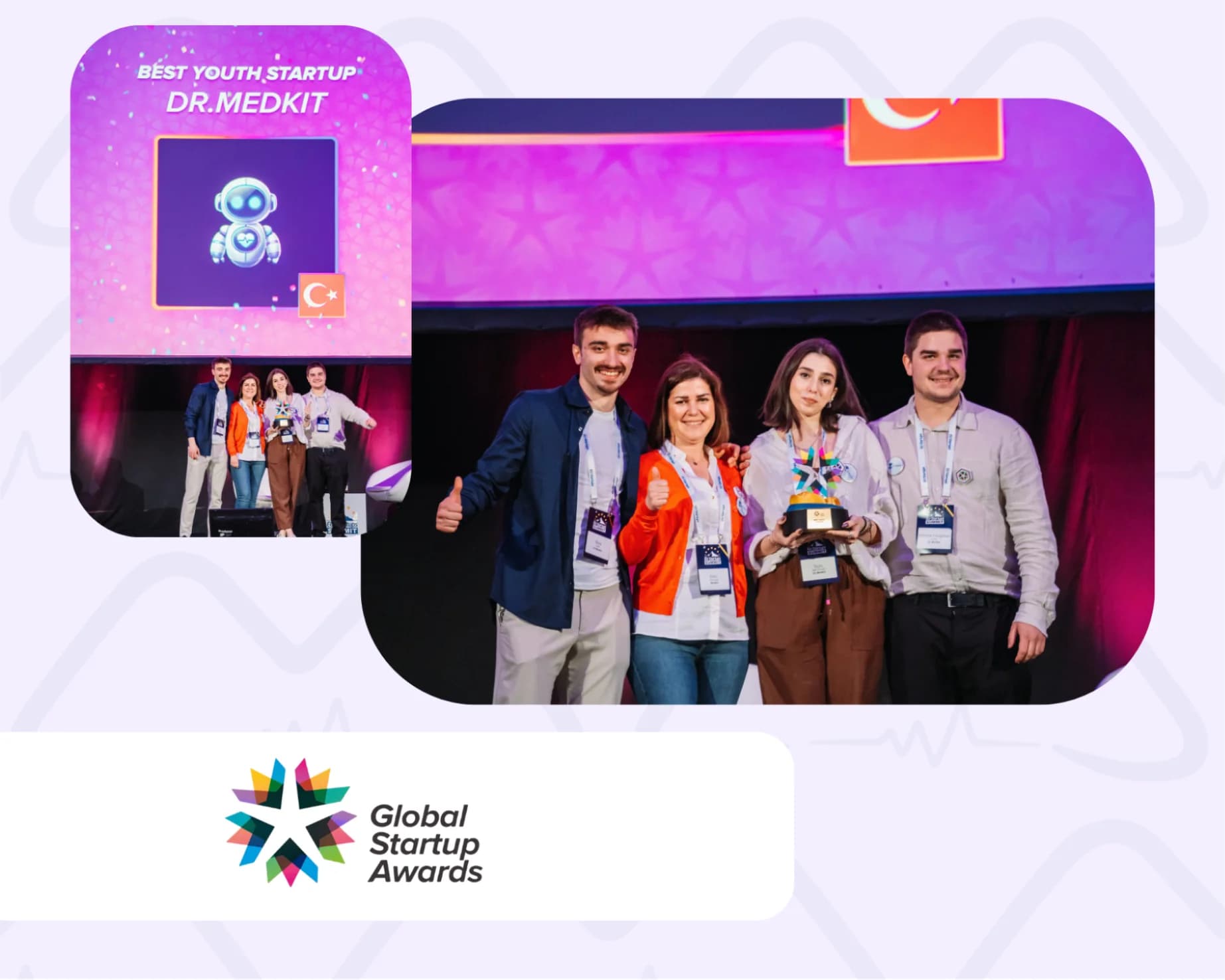 The Dr.Medkit team on stage with the Global Startup Awards Best Youth Startup trophy